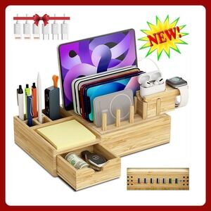 Bamboo Charging Station Dock 7 n 1 USB Wood Phone Tablet Watch Desktop Organizer